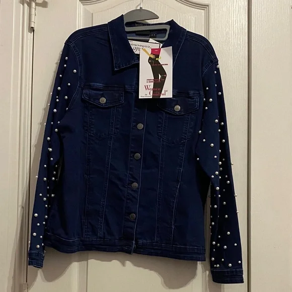 Women with Control Dark Blue Pearl Embellished Jean Jacket - Picture 4 of 6